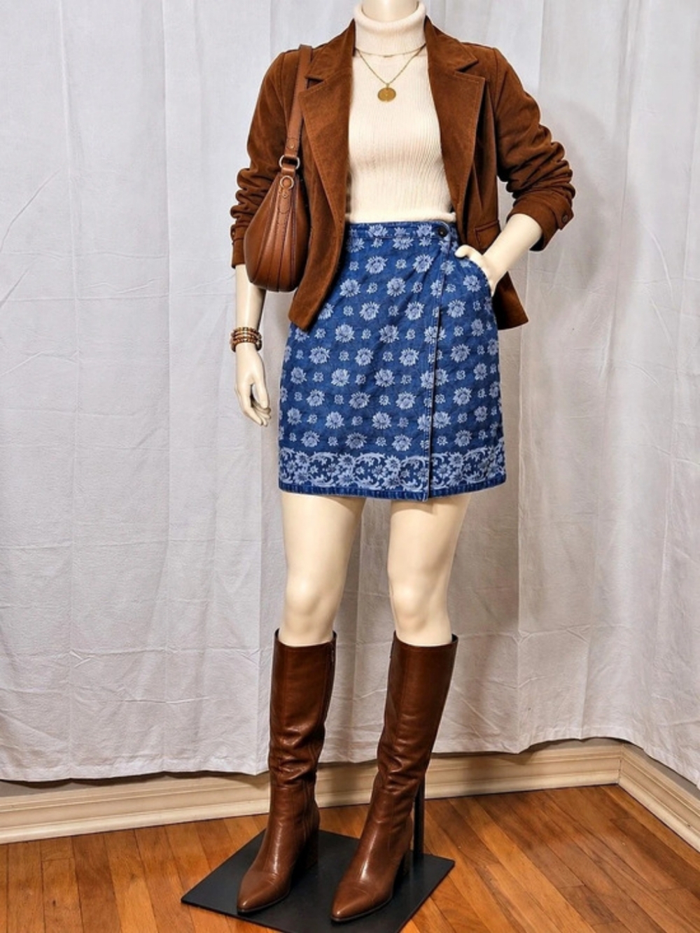 Vintage 90s Liz Claiborne Lizwear Floral Jacquard DenimWrap Mini Skirt 2P